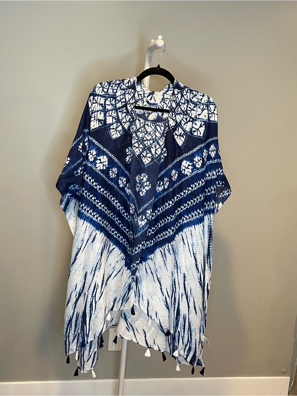 Boho Indigo Tie-Dye Kimono Cover-Up - Blue & White